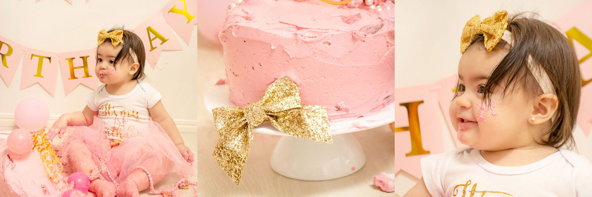 Gold and blush cake smash and bubbles session in Townsville home studio.